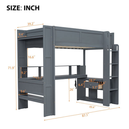 Twin Wood Loft Bed with Desk, Storage Shelves, and LED Lighting, Dark Gray | Just Better Bunk Beds