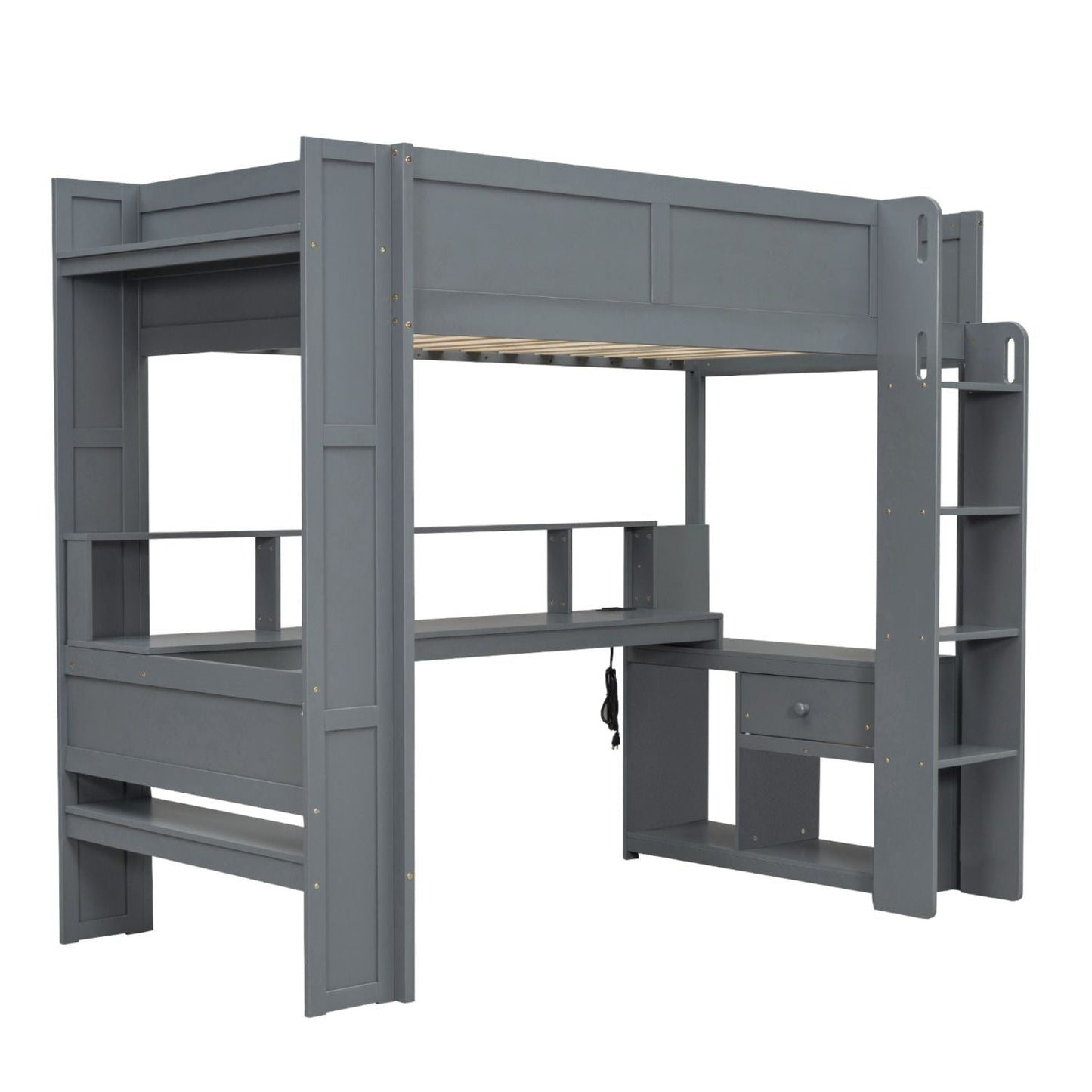 Twin Wood Loft Bed with Desk, Storage Shelves, and LED Lighting, Dark Gray | Just Better Bunk Beds