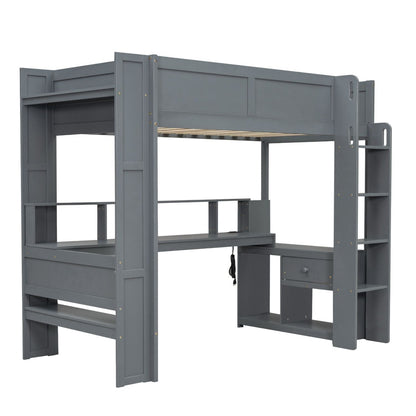 Twin Wood Loft Bed with Desk, Storage Shelves, and LED Lighting, Dark Gray | Just Better Bunk Beds
