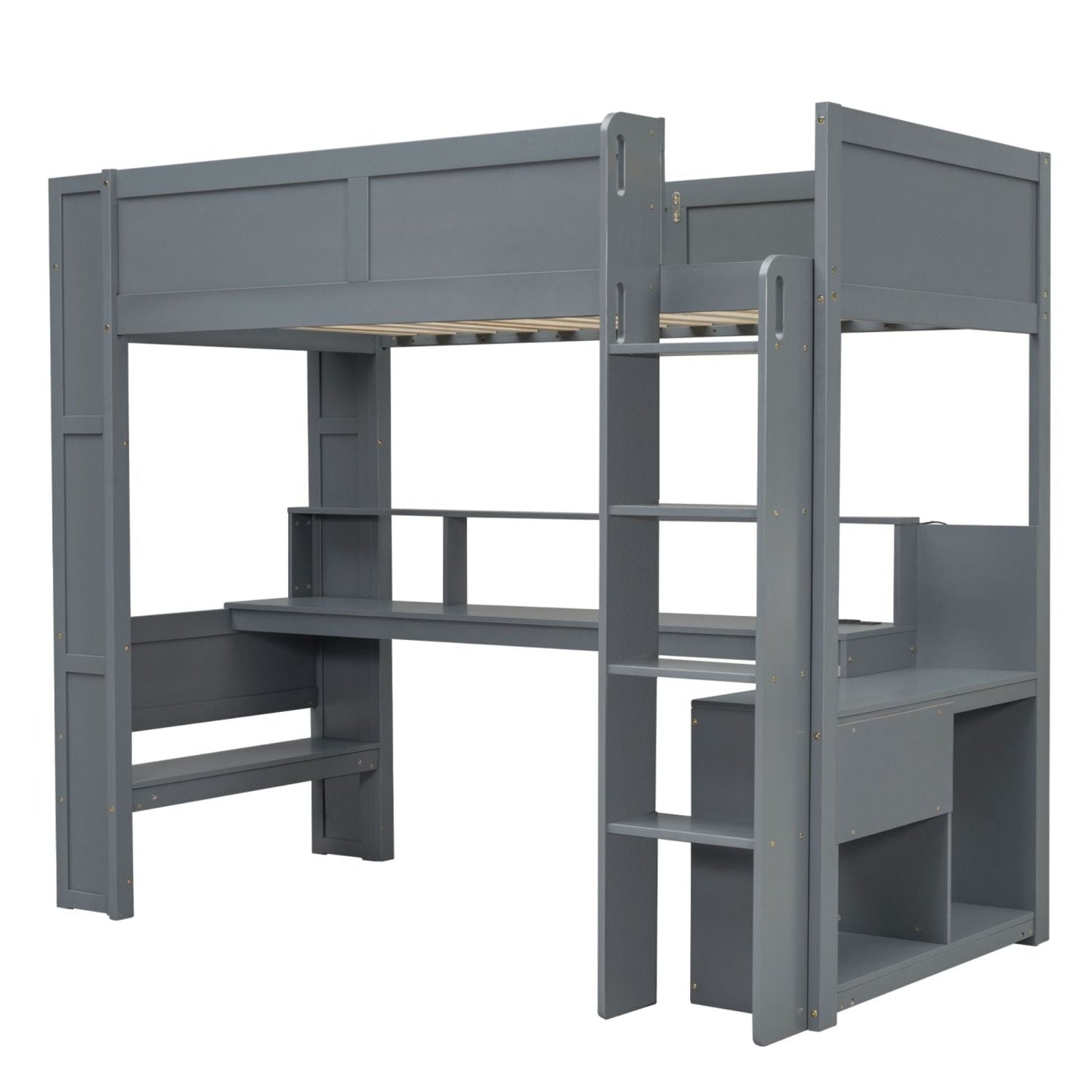 Twin Wood Loft Bed with Desk, Storage Shelves, and LED Lighting, Dark Gray | Just Better Bunk Beds