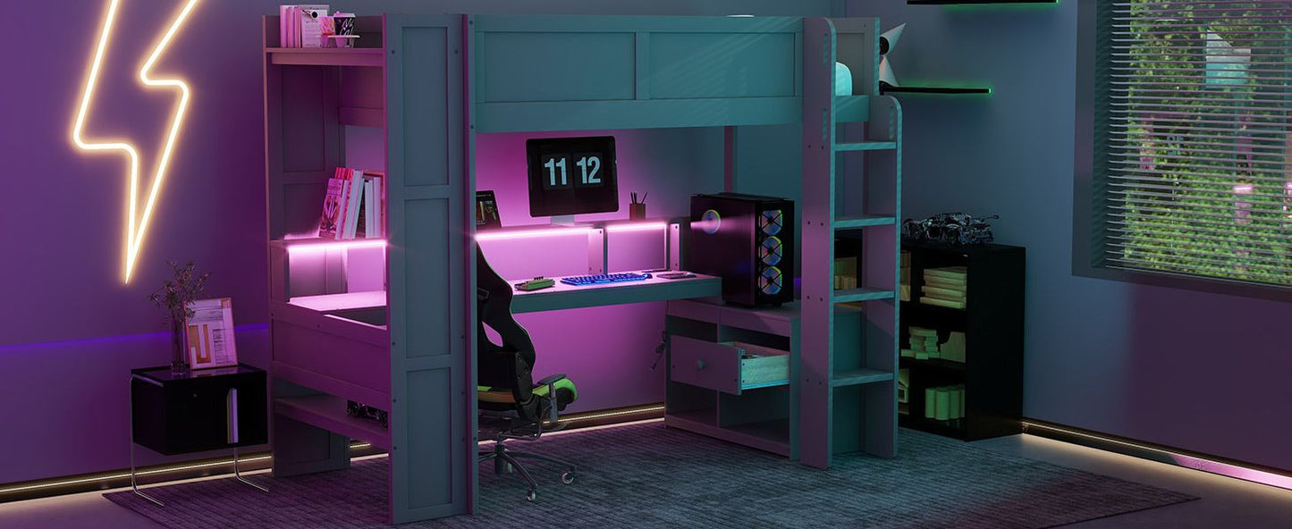 Twin Wood Loft Bed with Desk, Storage Shelves, and LED Lighting, Dark Gray | Just Better Bunk Beds
