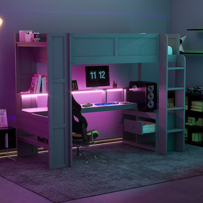 Twin Wood Loft Bed with Desk, Storage Shelves, and LED Lighting, Dark Gray | Just Better Bunk Beds