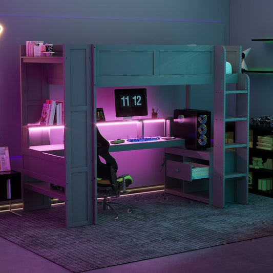 Twin Wood Loft Bed with Desk, Storage Shelves, and LED Lighting, Dark Gray | Just Better Bunk Beds