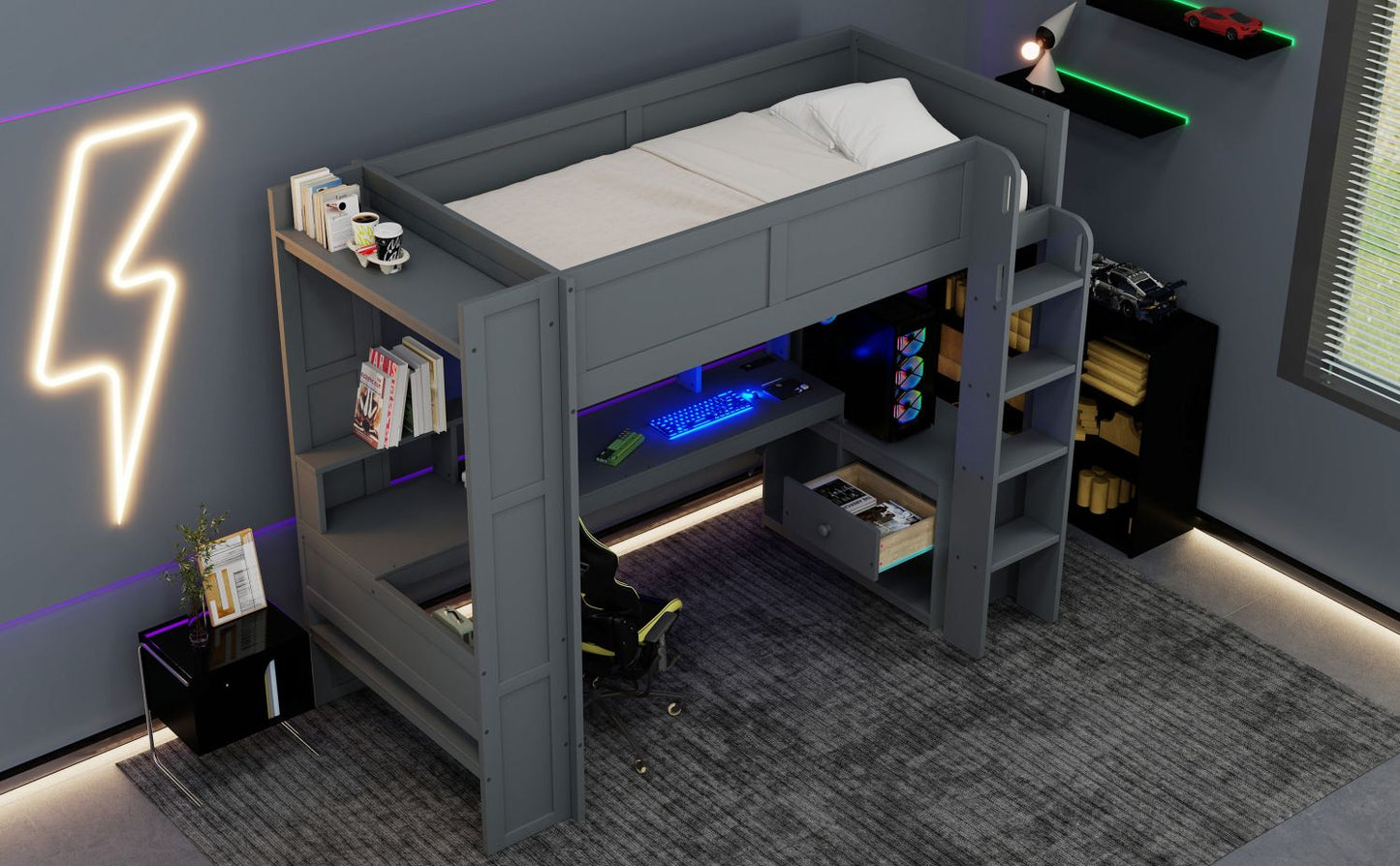 Twin Wood Loft Bed with Desk, Storage Shelves, and LED Lighting, Dark Gray | Just Better Bunk Beds