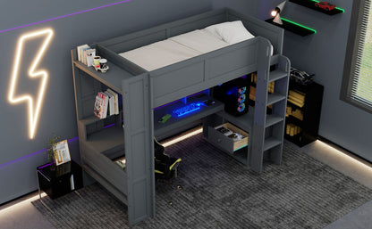 Twin Wood Loft Bed with Desk, Storage Shelves, and LED Lighting, Dark Gray | Just Better Bunk Beds
