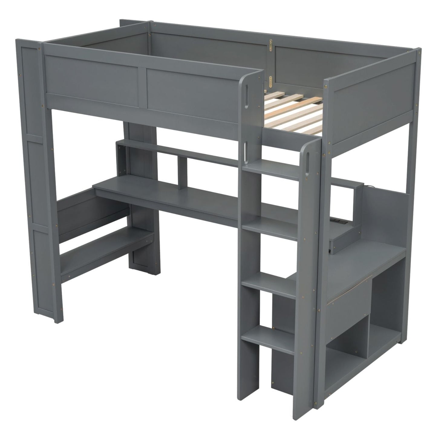 Twin Wood Loft Bed with Desk, Storage Shelves, and LED Lighting, Dark Gray | Just Better Bunk Beds
