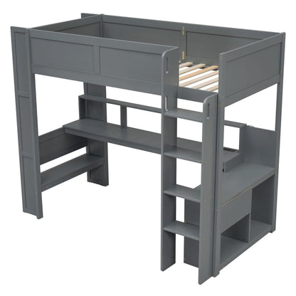 Twin Wood Loft Bed with Desk, Storage Shelves, and LED Lighting, Dark Gray | Just Better Bunk Beds